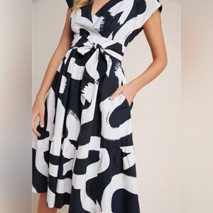 Anthropologie Black and White Abstract Wrap Dress